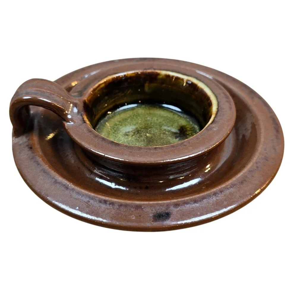 Handmade Ceramic Candle Holder in‎ Brown Glaze Signed Base Vintage 5.5